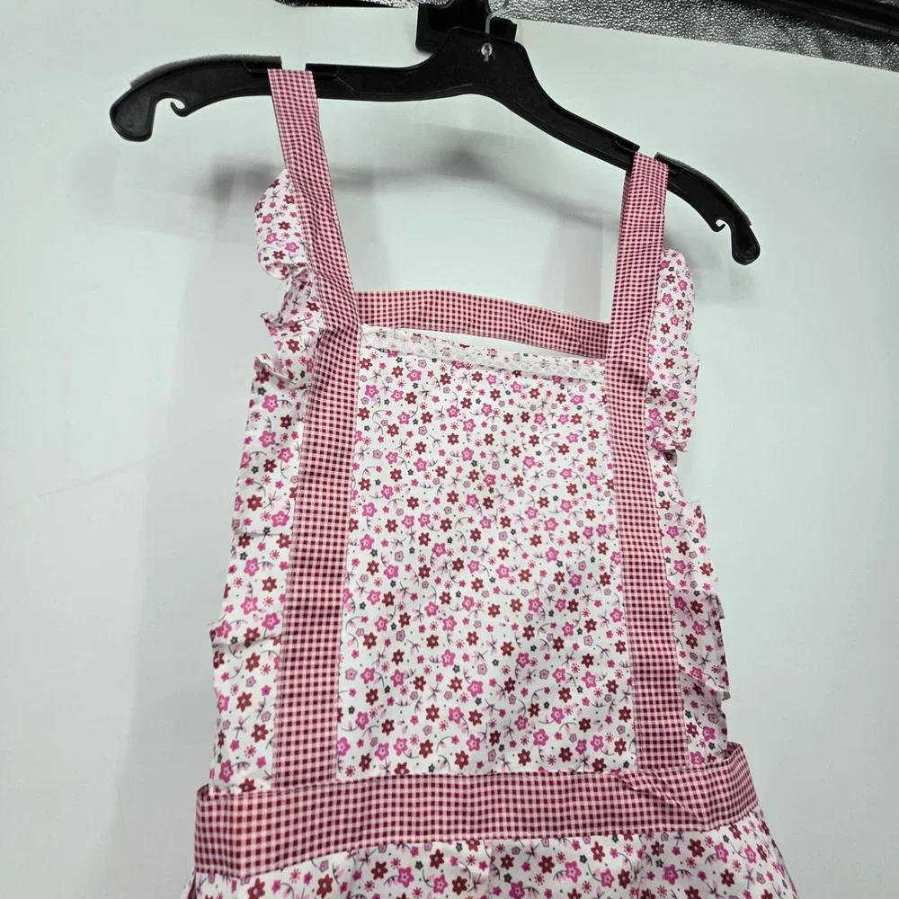 Vintage Apron Womens OS Pink Gingham Floral Cottagecore Retro Kitchen Grandma